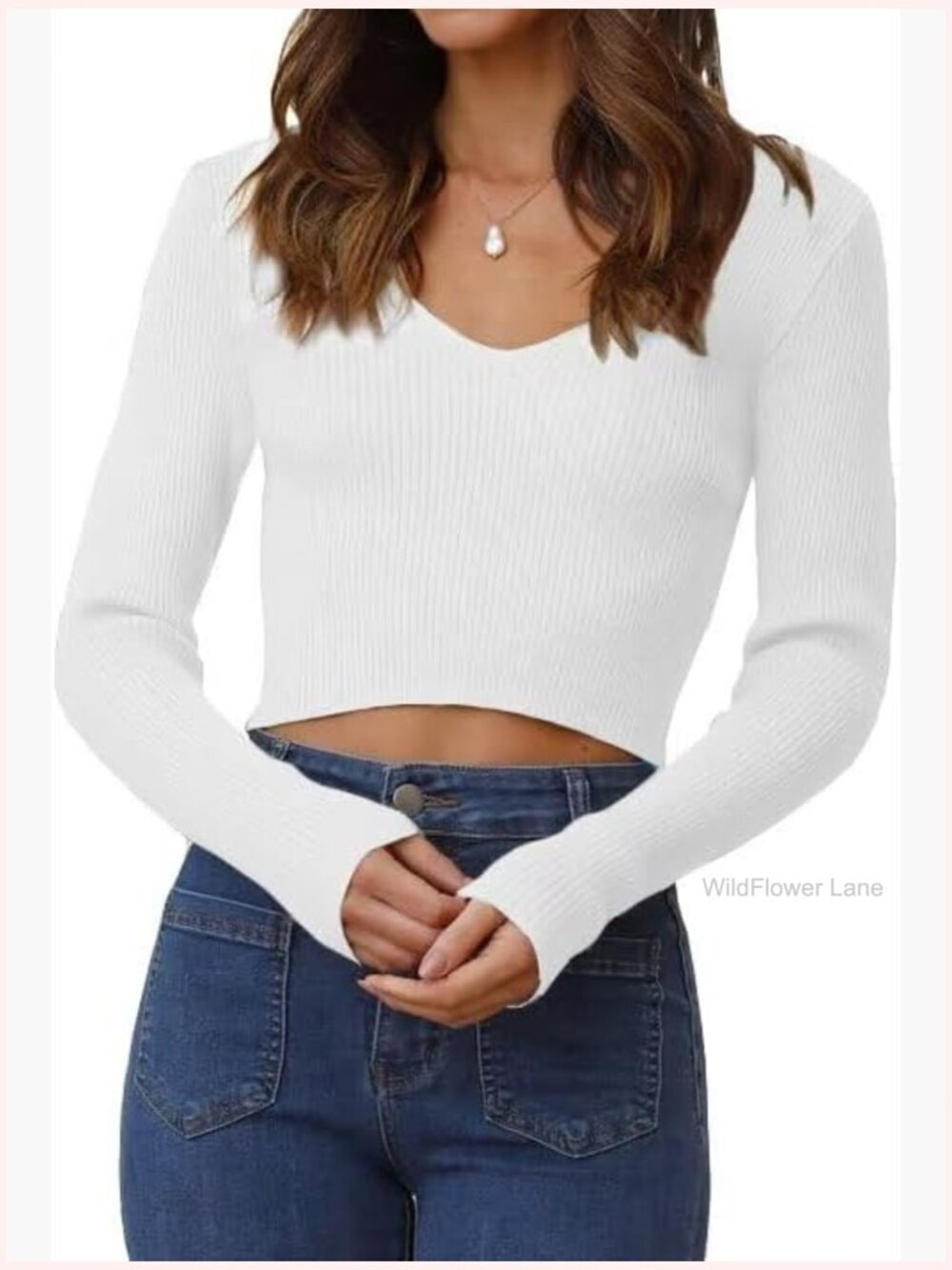 Women V Neck Long Sleeve Crop Top Slim Fit Ribbed Knit Pullover Sweater Fall